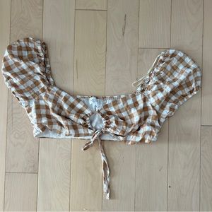 Le Lis Brown Gingham Puff Sleeve Crop Top